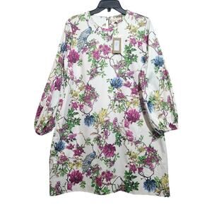 Ann Mashburn Francine Stretch Sateen Dress Medium White/Multi Peacock Garden NWT